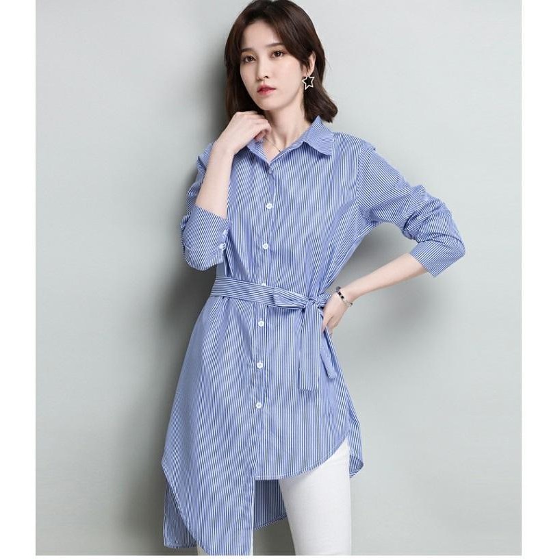 Đầm sơ mi công sở sọc kẻ cổ bẻ đầm lệch tà chất mặc mát Da96