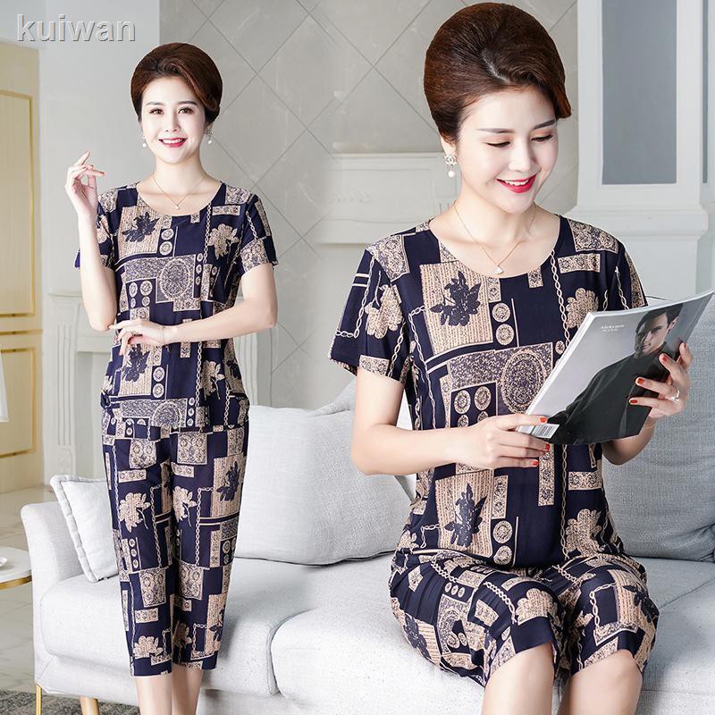 Mới Set Áo Kiểu Tay Ngắn + Quần Dài Thời Trang Mùa Hè Cho Phụ Nữ Trung Niên 40-50 Tuổi