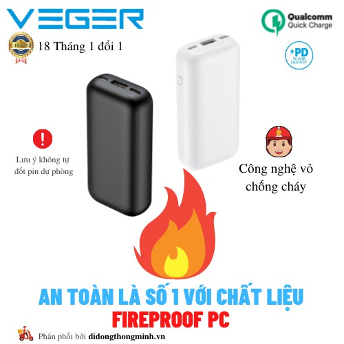 Pin Sạc Dự Phòng Veger Jerry 10,000Mah Sạc Nhanh PD 20W, QuickCharge 3.0 - Siêu Nhanh, Siêu Gọn, Chống cháy