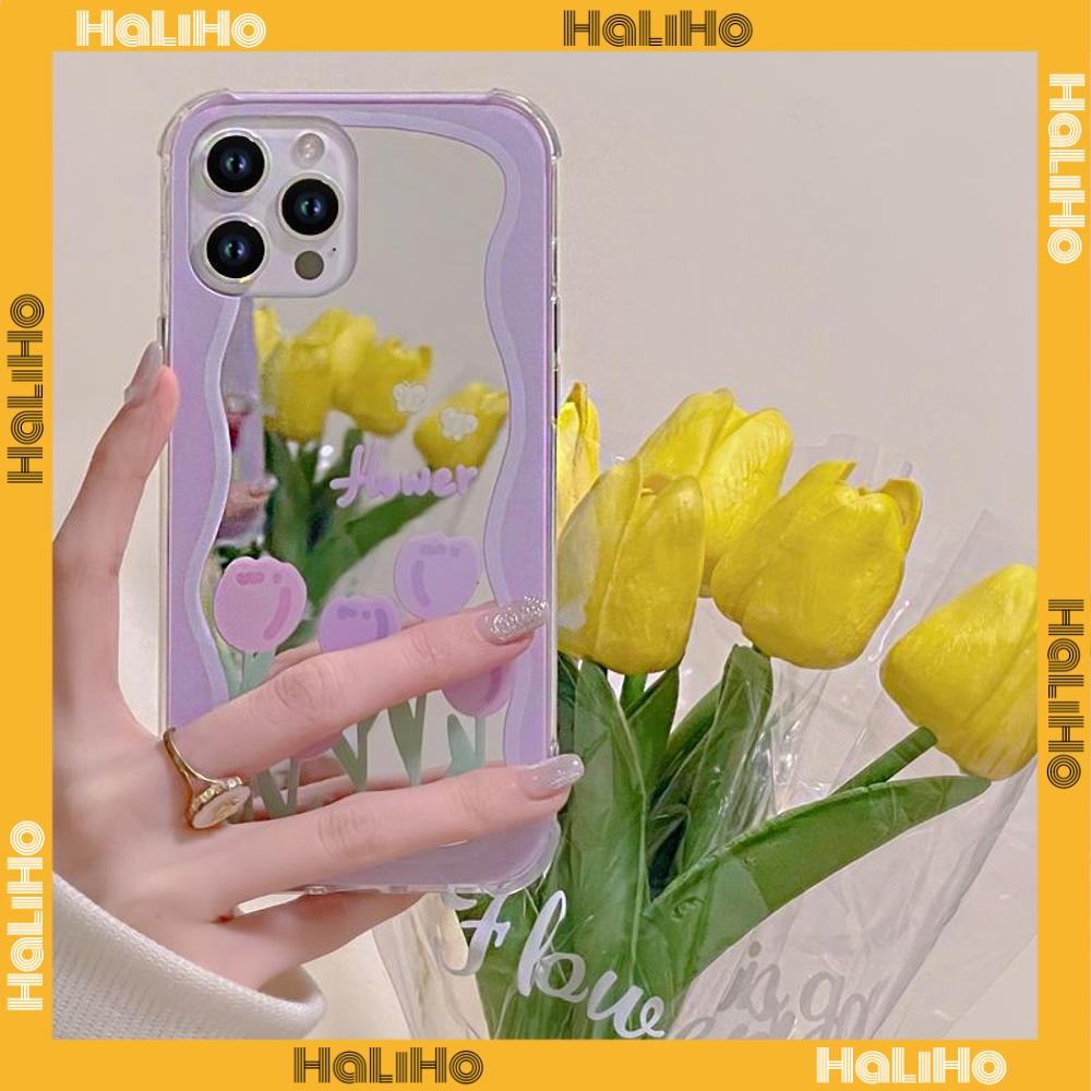 iPhone Case Acrylic HD Mirror Laser Airbag Shockproof Protection Camera Cute Purple Tulip Flowers Compatible For iPhone 11 iPhone 13 Pro Max iPhone 12 Pro Max iPhone 7 Plus xr