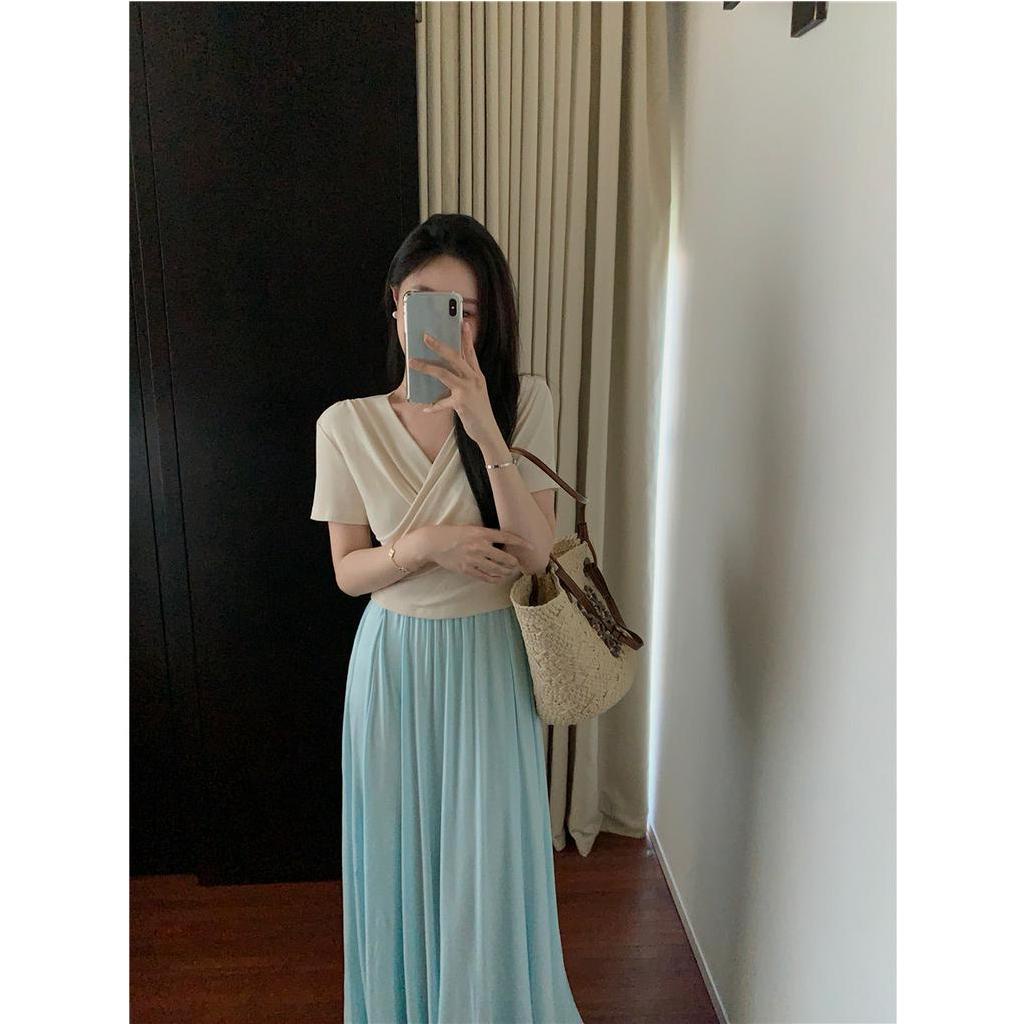 Cocory vn Bộ Áo Dệt Kim + Chân Váy Dài Lưng Thun Thời Trang Mùa Hè Phong Cách Hàn Quốc Cho Nữ