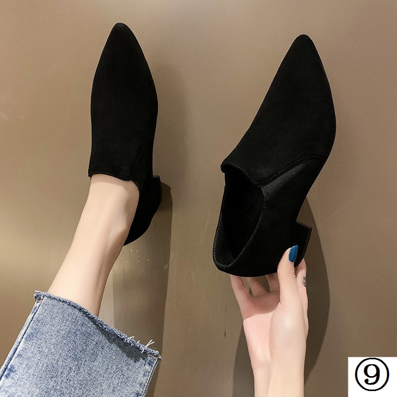 Giày Búp Bê Mũi Nhọn Gót Thấp Dày Dặn Màu Đen Phong Cách Anh Quốc Thời Trang Cho Nữ