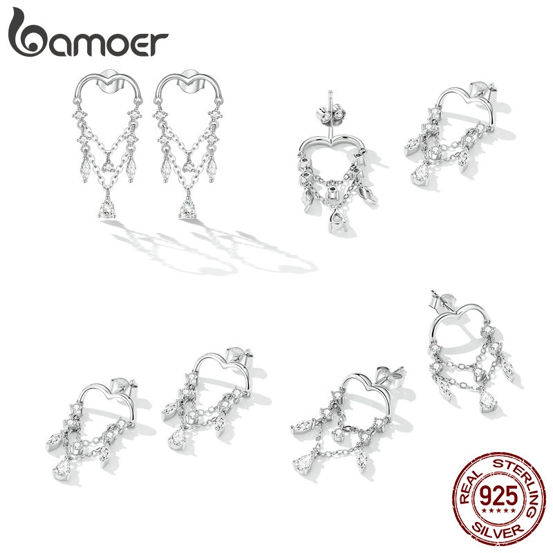 Cặp khuyên tai BAMOER bằng bạc 925 hình trái tim phối tua rua đính đá zircon thời trang sang trọng cho nữ