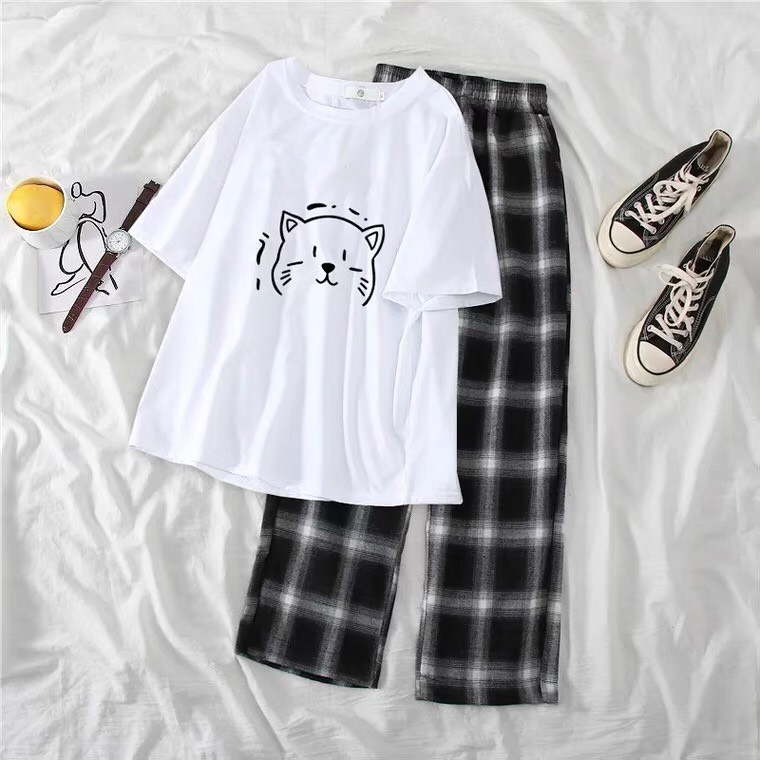 Sét Áo Meo meo + quần kẻ đen, Áo thun from rộng, Chất đẹp không xù, quần suông ống rộng, Sét bộ mặc ở nhà - MODY