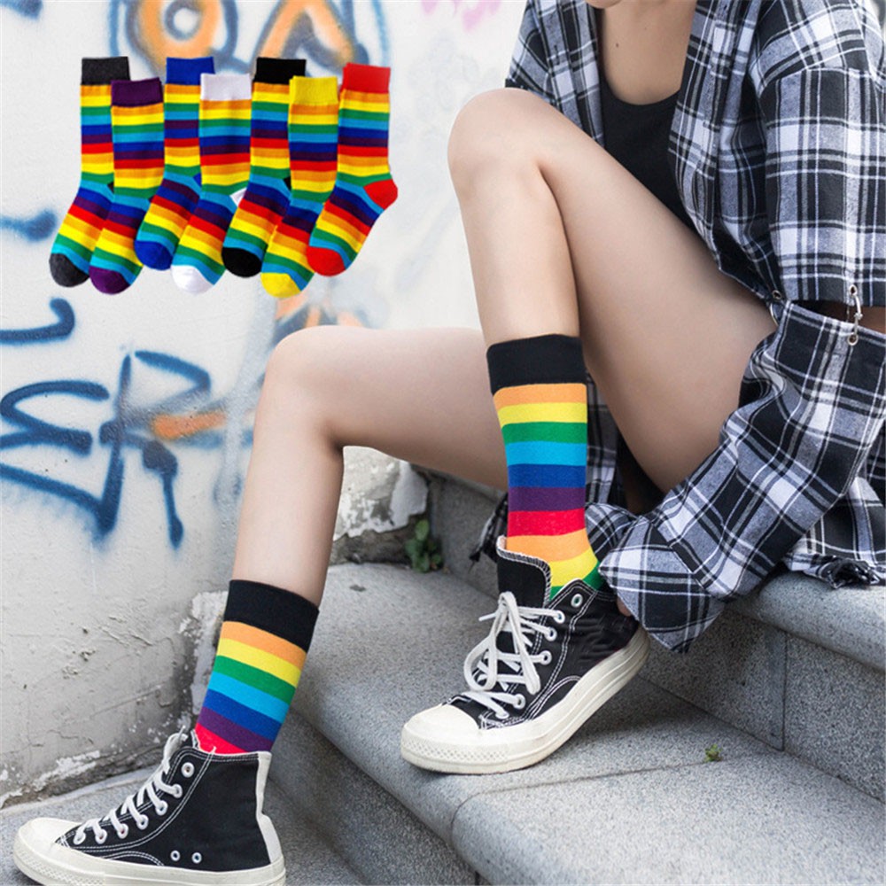 Tất Chân Kẻ Sọc Màu Cầu Vồng Thời Trang Cho Nam Nữ