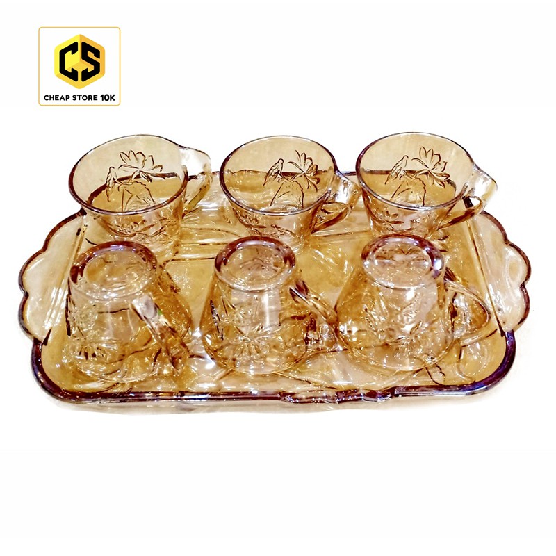 Bộ cốc chén thủy tinh cà phê vàng kèm khay 7396, bộ cốc chén thủy tinh vàng, cheapstore10k, cheapstore