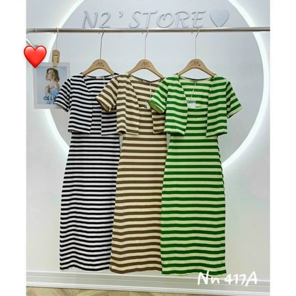 set đầm 2 dây sọc màu sắc kèm áo khoác tay ngắn cùng màu kiểu cực đẹp