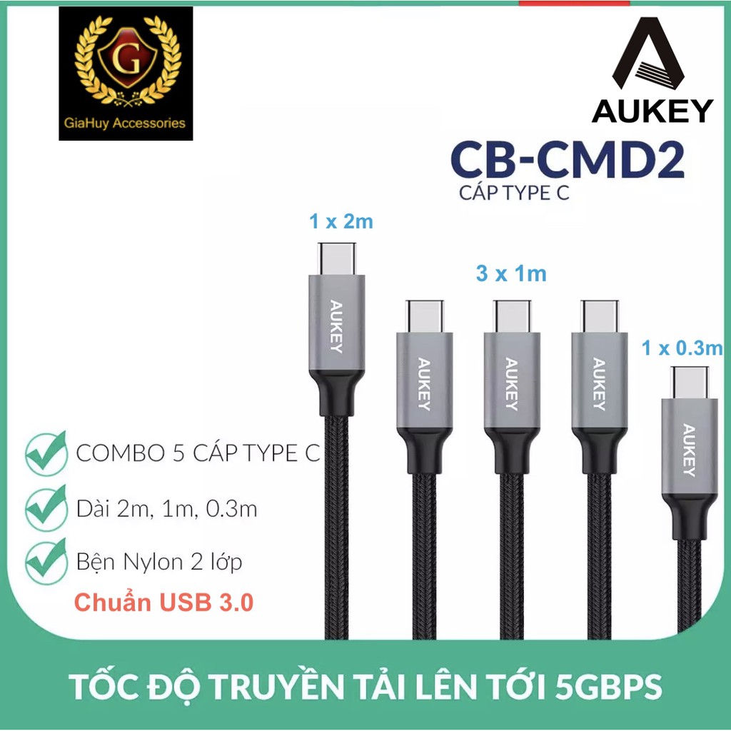 Hộp 05 cáp: Cáp sạc nhanh bện nylon USB-A ra USB-C chuẩn USB 3.0 AUKEY CB-CMD2 (chiều dài: 2m, 1m, 0.3m)