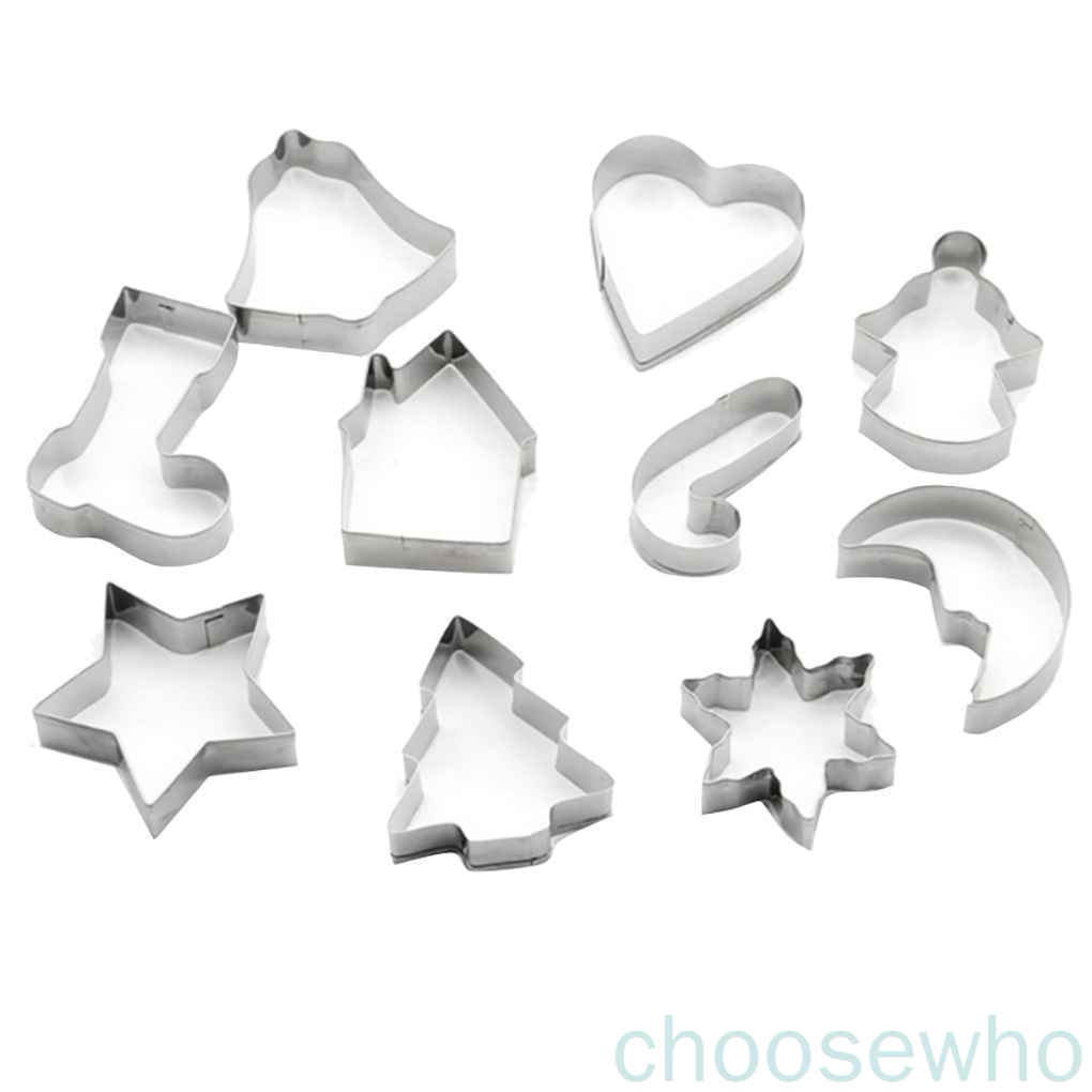 Set 10 khuôn cắt bánh quy/kẹo mềm bằng thép không gỉ hình bông tuyết/chuông/ngôi sao/cây thông giáng sinh/ngôi nhà