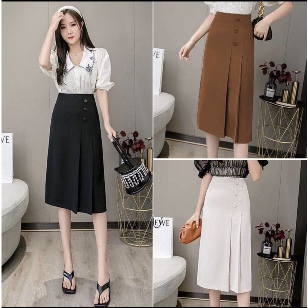Chân Váy Chữ A Công Sở Dài Qua Gối Midi Siêu Xinh Chân Váy Chữ A Xếp Ly Bản  To Khóa Sau Phối 3 Cúc - Mixasale