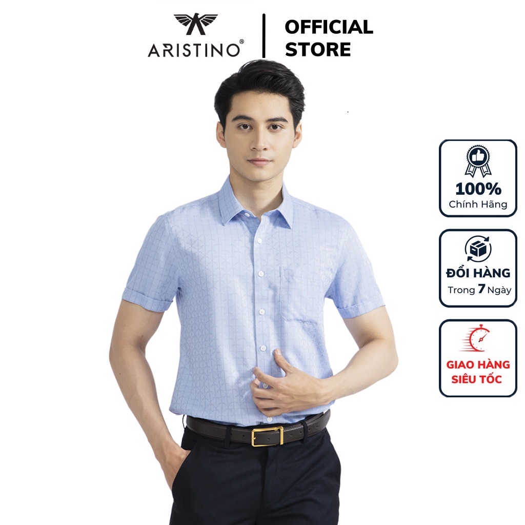 Áo sơ mi nam ngắn tay ARISTINO ASS381S2 somi công sở vải sợi tre cao cấp màu xanh kẻ dệt dáng Suông tà lượn có túi