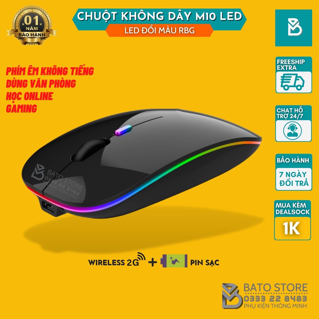✕□Chuột không dây M10 Led wireless 2.4G viền đổi màu, siêu mỏng tự sạc pin chống ồn dùng cho máy tính pc laptop, tivi