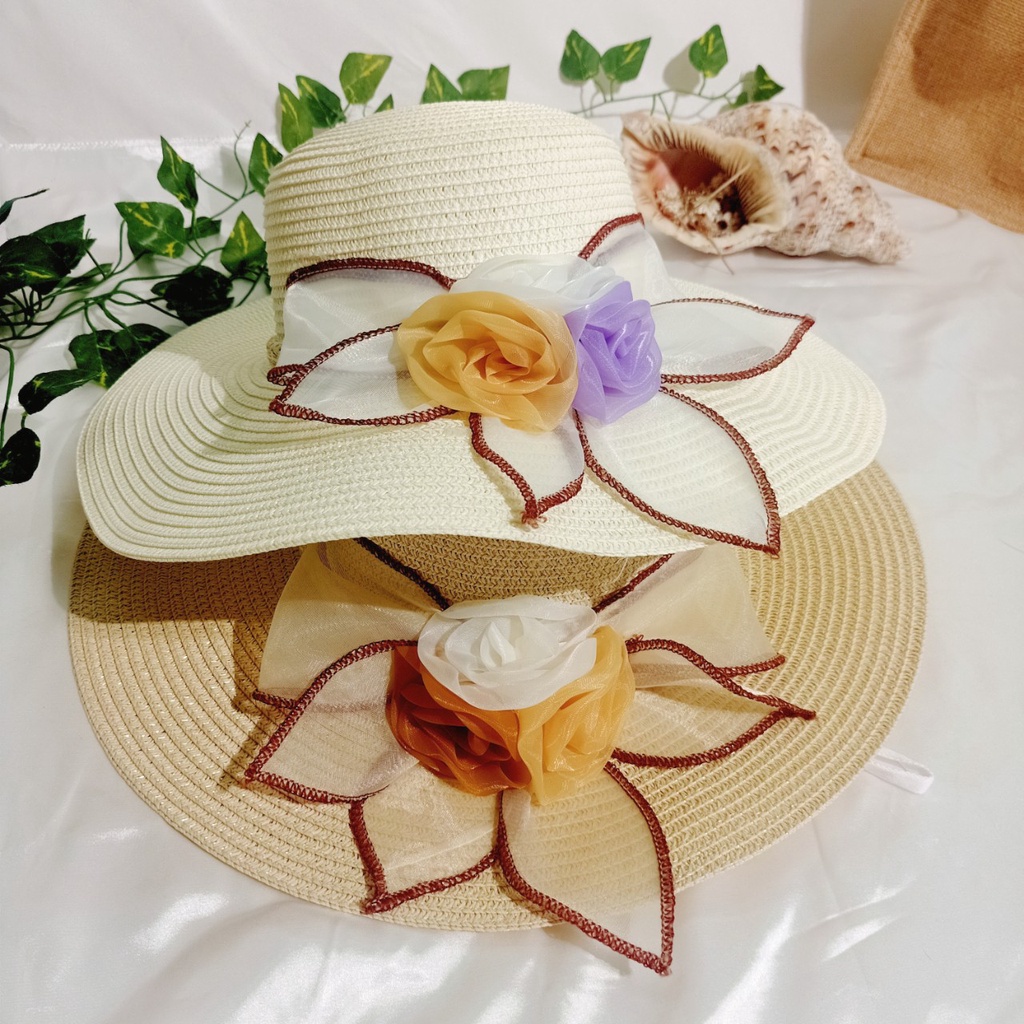 Nón cói/mũ cói nữ đi biển vành rộng phối hoa bản to rực rỡ sang chảnh hình chụp thật-vành rộng hoa to