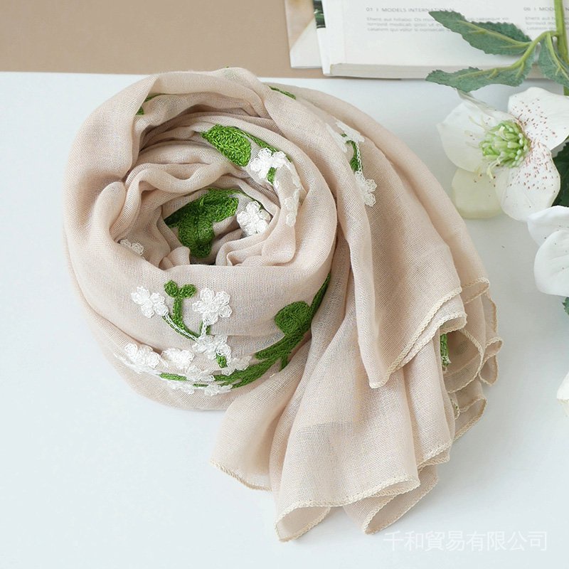 【AOYU】Khăn Choàng Lụa Cotton Lanh Thêu Họa Tiết Lãng Mạn Thời Trang Xuân Thu Cho Nữ