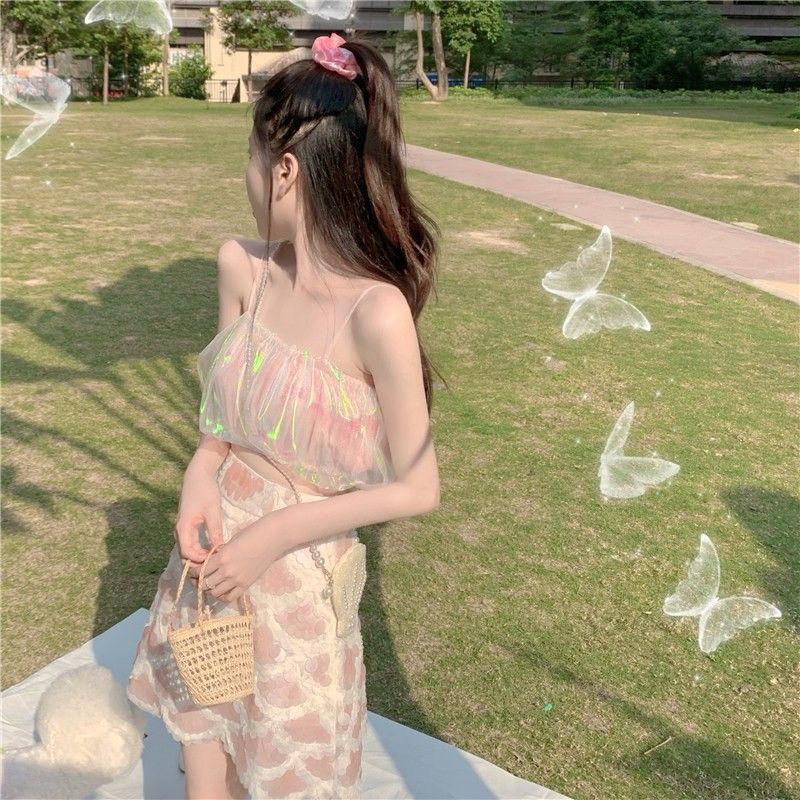 Áo croptop hai dây bling bling lấp lánh ngũ sắc + chân váy SEQUIN ôm body vảy kim tuyến trắng hồng style Hàn Quốc