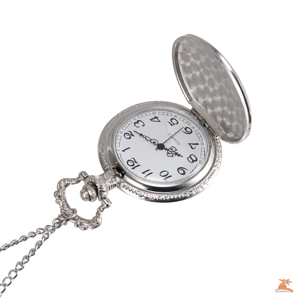 #Đồng hồ bỏ túi# 1pc Men Women Quartz Pocket Watch Silver Truck Carved Case with Chain