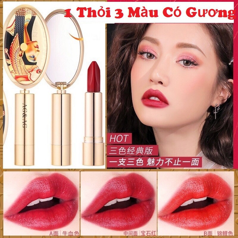 Son Thỏi Lì Có Gương 3 In 1 Sang Chảnh Hot Trend 2020 AG - 3 Màu 1 Cây Son