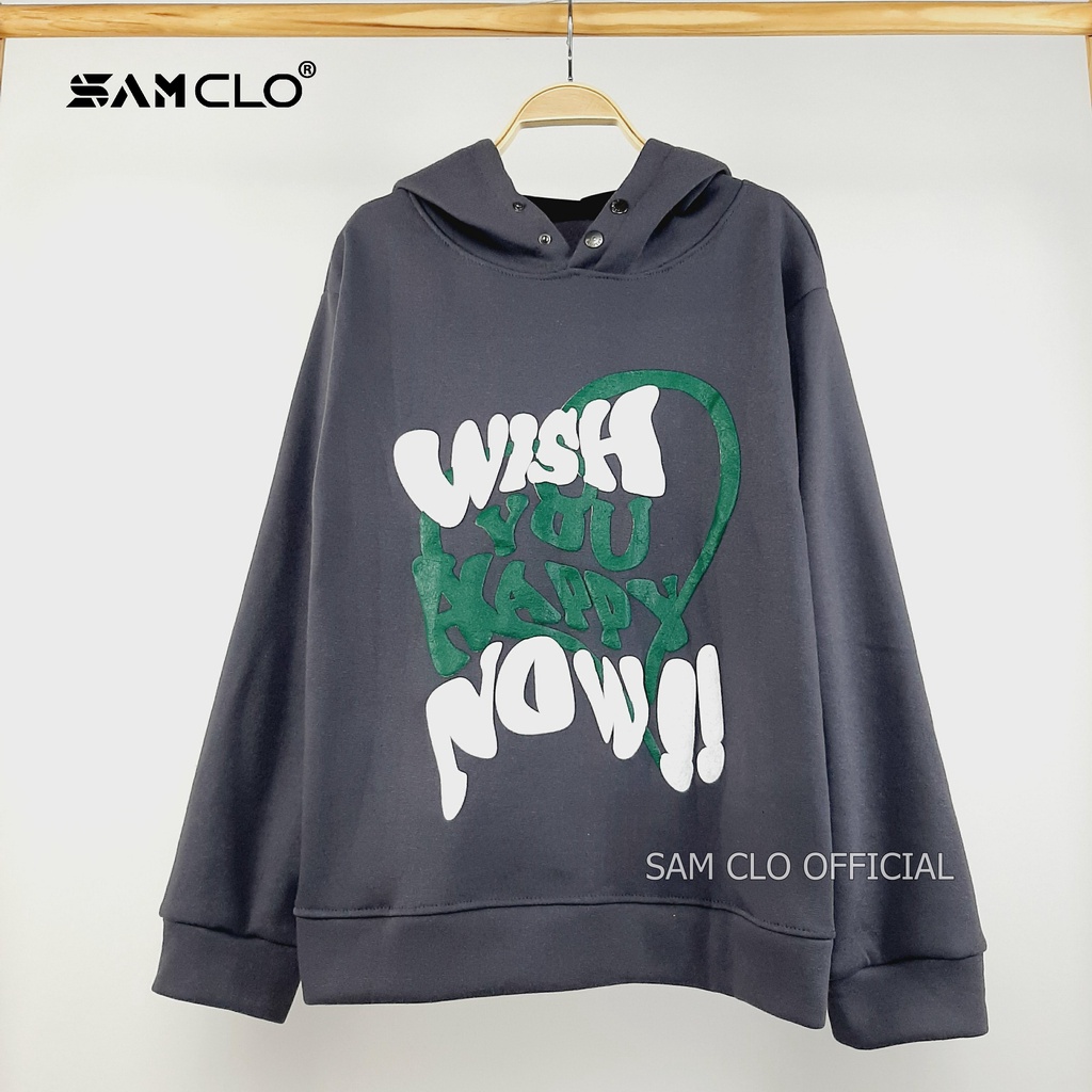 Áo HOODIE nỉ có mũ 2 lớp SAM CLO - Áo khoác chui tay dài thu đông nam nữ freesize form rộng unisex chữ HAPPY NOW PREMIUM