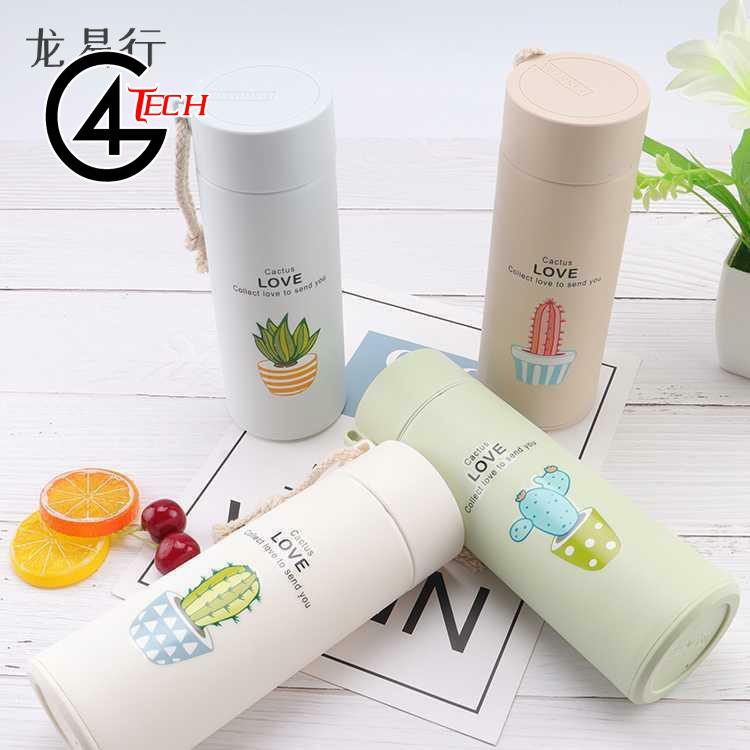 Bình giữ nhiệt in hình xương rồng 450ml lõi thủy tinh bọc và nhựa lúa mạch có dây sách tiện dụng