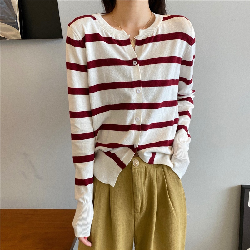 【ZHELIHANGFEI】Áo Khoác Cardigan Dệt Kim Tay Dài Dáng Rộng Kẻ Sọc Trẻ Trung Hợp Thời Trang