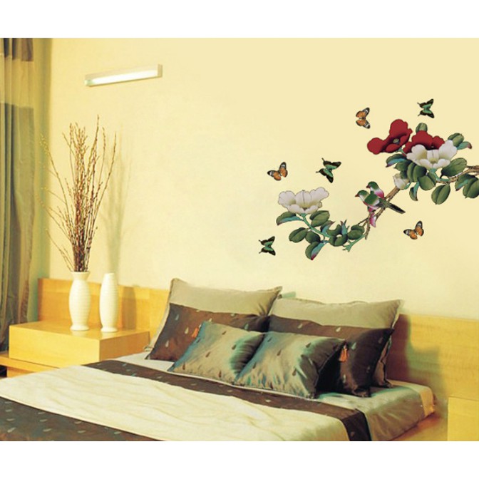 Decal trang trí tường Hoa Mẫu đơn trắng đỏ 3D
