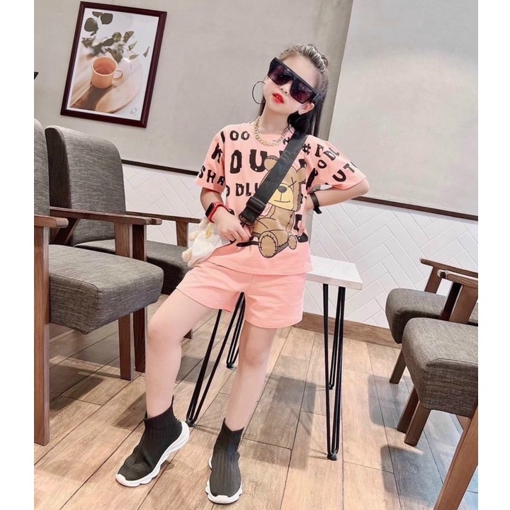Bộ cộc tay mùa hè bé gái, bộ quần áo hình gấu in tràn chất cotton quần cạp bọc xịn xò cho bé