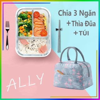 Hộp Cơm Thủy Tinh 2 Ngăn Văn Phòng Kèm  Túi Giữ Nhiệt Chiu Nhiệt