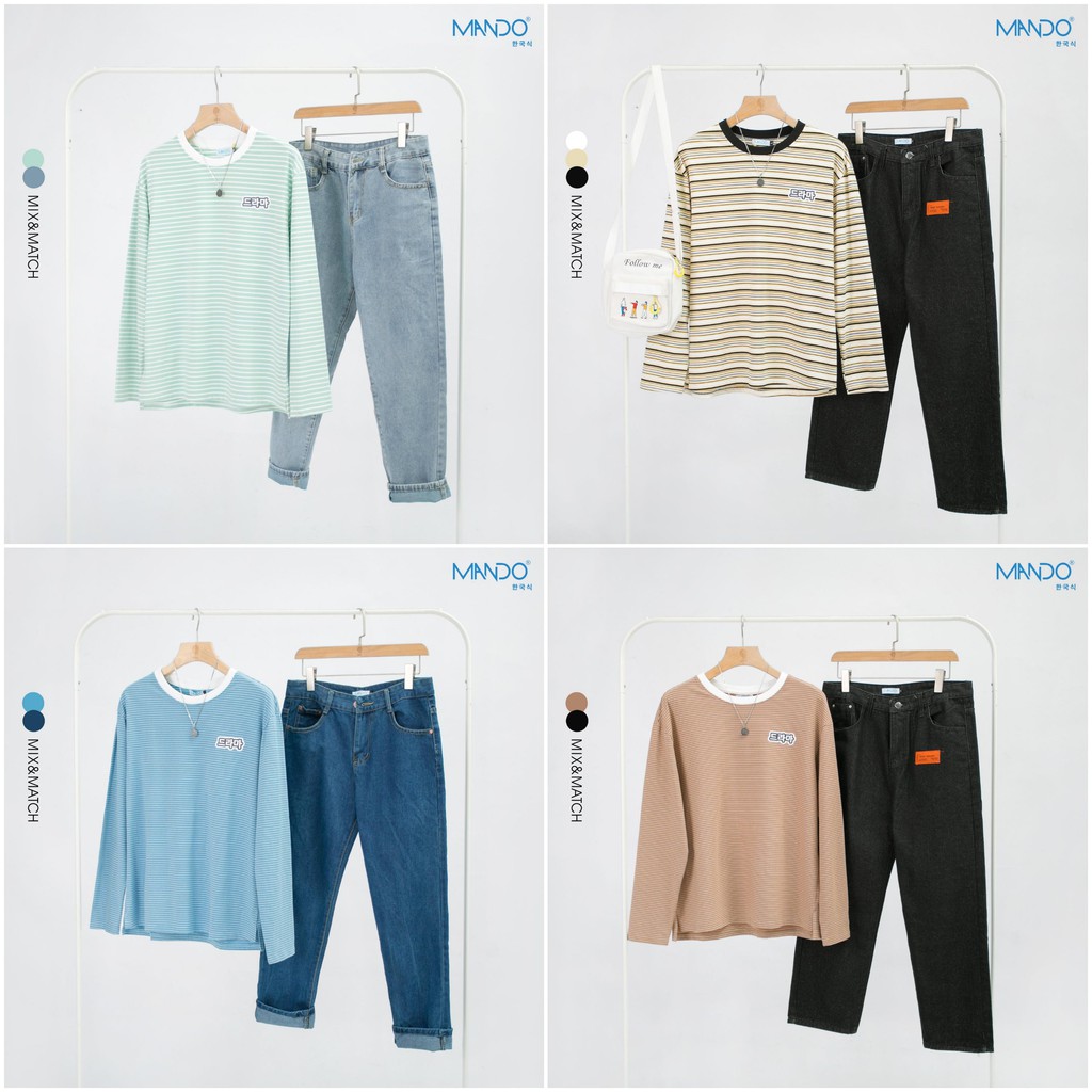 Áo Thun Thu Đông MANDO Cổ Tròn Dài Tay Kẻ Sọc Ngang Chất Cotton Hàn Form Suông Rộng Basic Thời Trang Hàn Quốc NDN072 | BigBuy360 - bigbuy360.vn