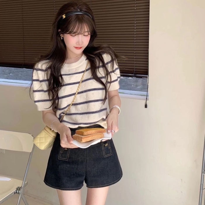 【Hana and Alice】Áo Thun Dệt Kim Tay Ngắn Dáng Rộng Chất Lụa Mềm Mại Hợp Thời Trang