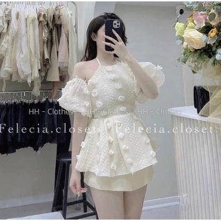 Áo trễ vai cổ yếm hoa nổi vải voan tơ bánh bèo