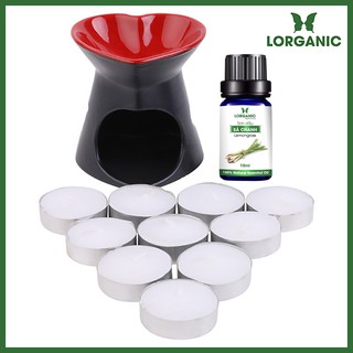 Combo đèn nến trái tim + tinh dầu sả chanh lorganic + 10 viên nến