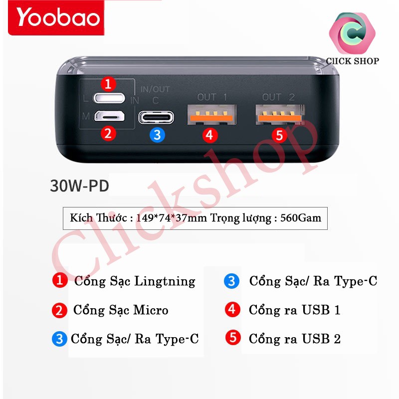 Pin dự phòng 30000mAh Yoobao hỗ trợ sạc nhanh Type-C 18w có màn hình led hiển thị pin 3 cổng sạc vào và ê cổng ra