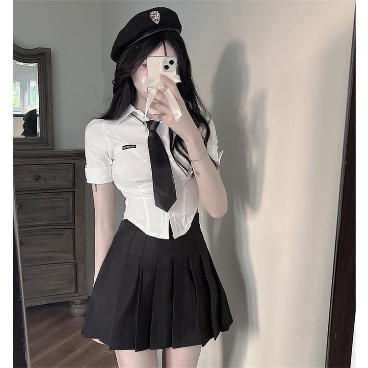 Áo Sơ Mi Tay Ngắn Dáng Ôm Phối Cà Vạt Thời Trang Mùa Hè Cho Nữ