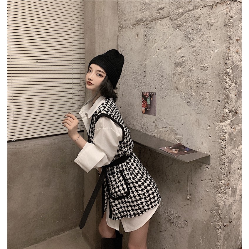 Áo Khoác Vest Không Tay Cổ Chữ V Phối Túi Họa Tiết Caro Thanh Lịch | BigBuy360 - bigbuy360.vn