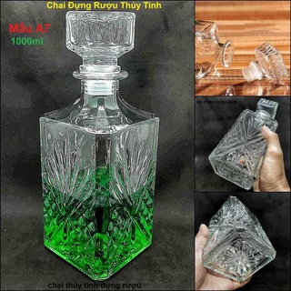 Vỏ Chai Rượu Đẹp 1 Lít mẫu vuông họa tiết lá cọ nổi – Chai Thủy Tinh Đựng Rượu 1000ML - Bình Đựng Ruou (A7)