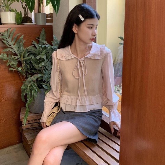 Áo sweater ZHELIHANGFEI tay dài lưng cao dáng ôm phối bèo phong cách Nhật Bản trẻ trung cao cấp