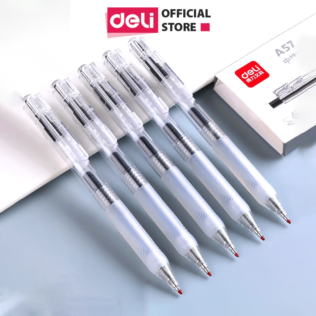 Bút bi gel bấm văn phòng Deli mực đen ngòi 0.5mm học sinh mực đều nét chữ đẹp A575 - có ruột xanh thay thế