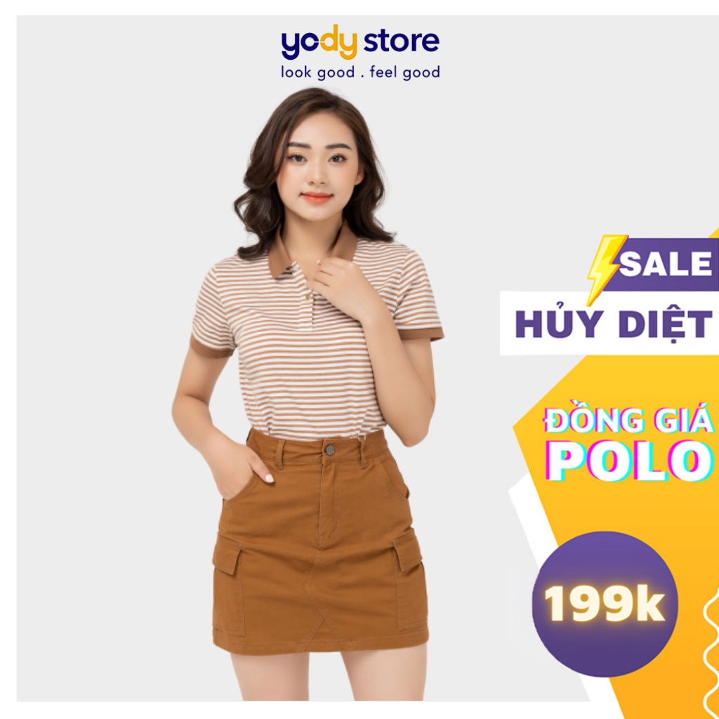 Áo Polo Nữ Kẻ Melange Thương Hiệu YODY Áo Phông Nữ Có Cổ Dáng Basic Chất Cotton - APN4172