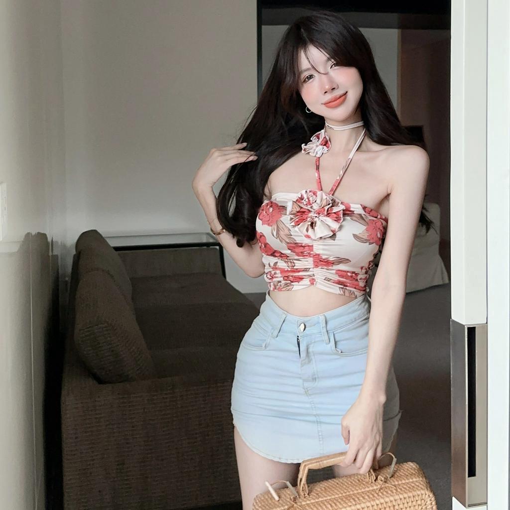 QADCOL Áo Lửng Không Tay Có Dây Đeo Cổ Gợi Cảm Cho Nữ