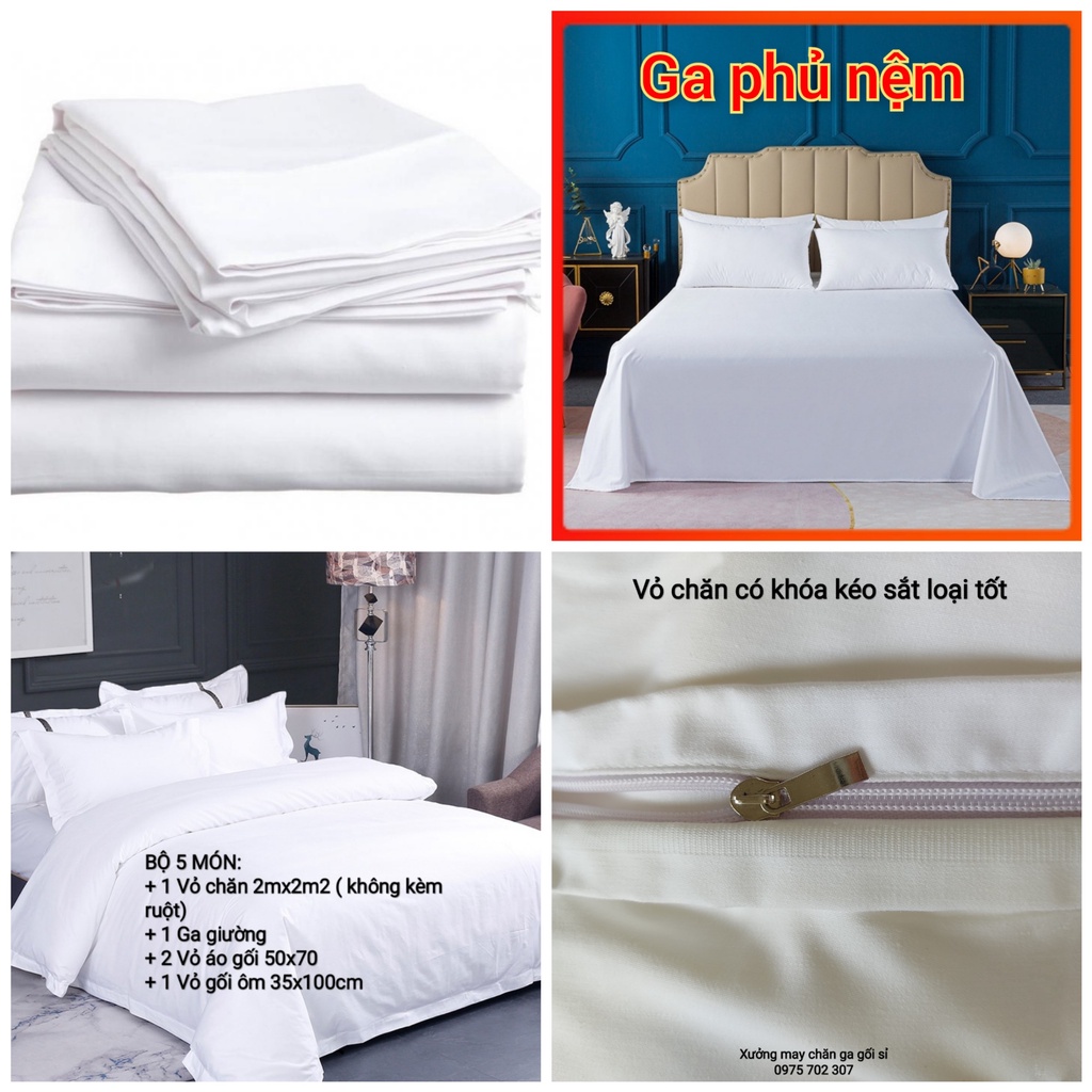 Bộ chăn ga gối đệm, drap giường màu trắng khách sạn vải cotton 100% cao cấp, nằm cực mát không xù lông