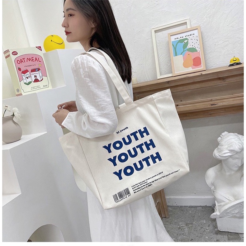 Túi tote túi vải canvas cỡ lớn Youth phong cách Hàn quốc có khóa miệng ngăn phụ bên trong thời trang ulzzang-Haka store