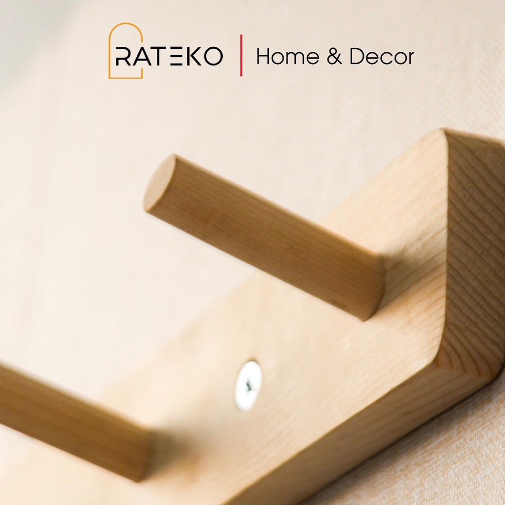 Móc gỗ gắn tường treo quần áo, thanh treo đồ đa năng RATEKO trang trí phòng ngủ, nhà tắm, nhà bếp ( Loại To 5 Móc )