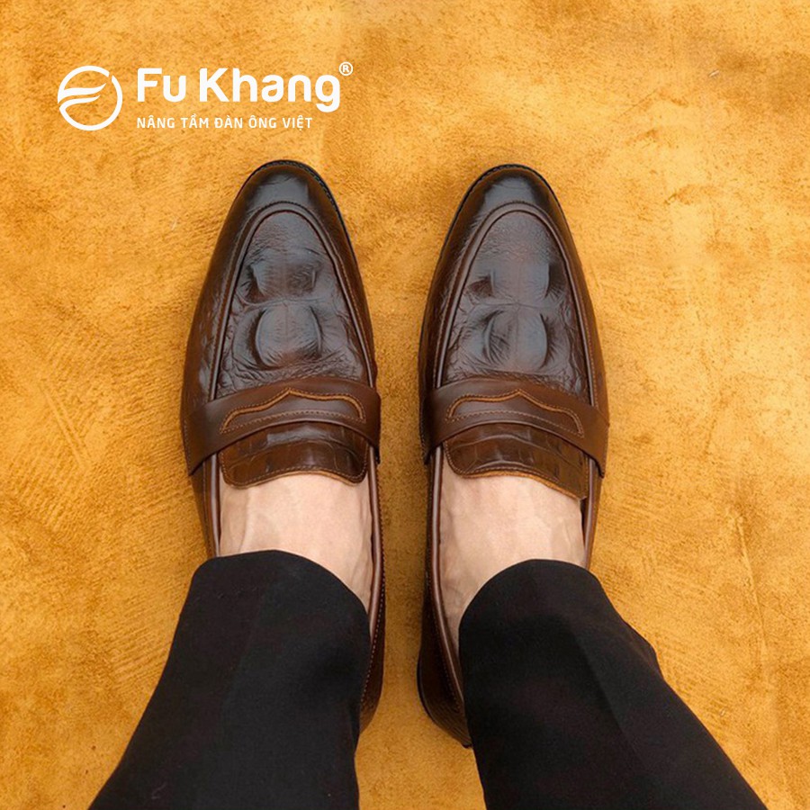 Giày lười dập vân cá sấu thời trangcao cấp chính hãng Fu Khang màu nâu - GL40