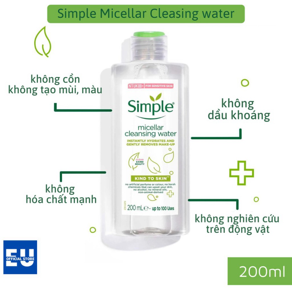 [HNK] [Loại 200ml] Nước Tẩy Trang SIMPLE Sạch Sâu Dịu Nhẹ cho Da Nhạy Cảm Kind To Skin Micellar Water