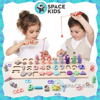 Đồ chơi gỗ thông minh 4 trong 1 cỡ lớn cho trẻ em học số, cột tính, ghép hình khối và câu cá - Space Kids