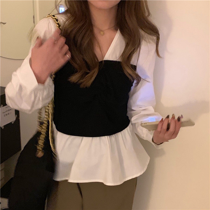 Áo Sơ Mi Tay Dài Giả Hai Lớp Phối Màu Tương Phản Thời Trang 2022 Cho Nữ