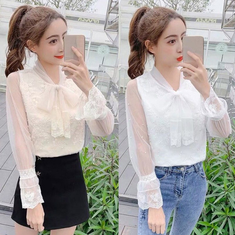 Áo kiểu tay ống loe phối nơ phong cách Hàn Quốc dành cho bạn nữ | BigBuy360 - bigbuy360.vn