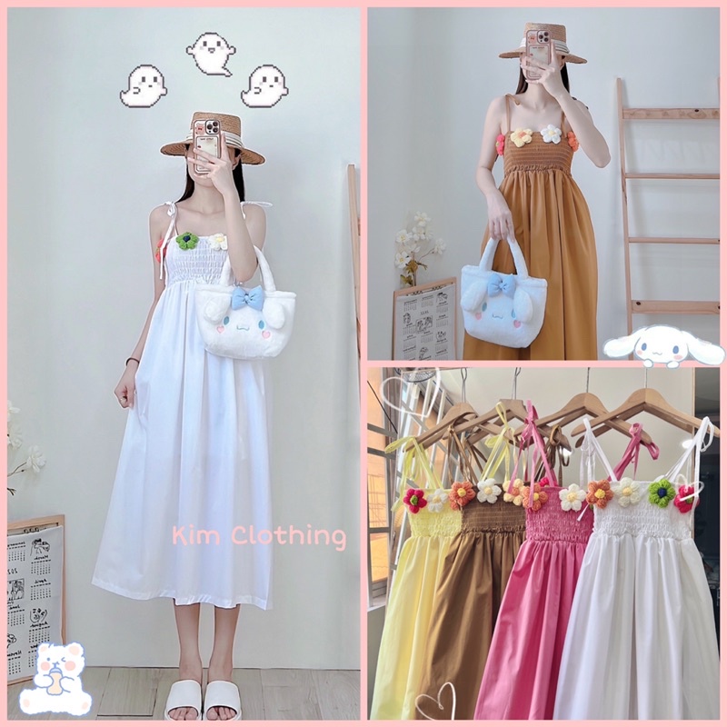 [Hàng sẵn - Hình thật] Đầm hai dây maxi nhúng thun ngực đính hoa rời xinh xắn