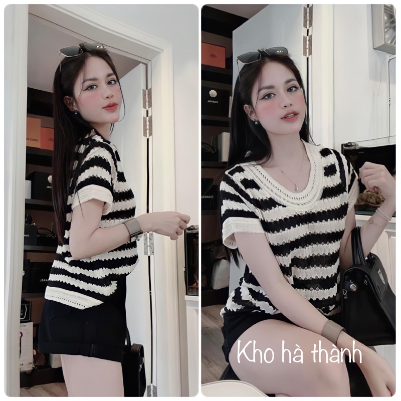 Áo Len Nữ Dệt Lỗ Thủng, Áo Dệt Kim Dáng Rộng Kẻ Sọc Trắng Đen Thời Trang Hàn Quốc Cho Nữ