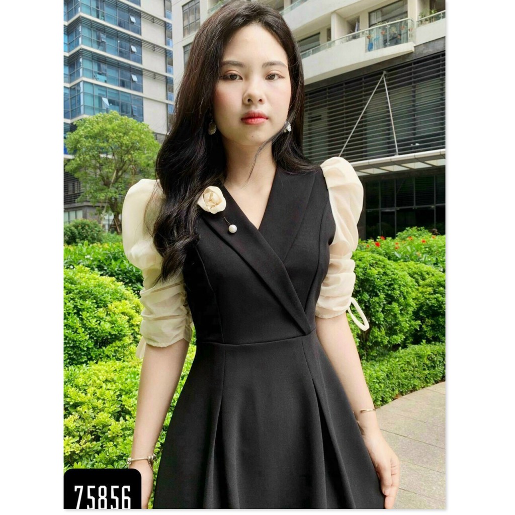 ĐẦM XÒE NỮ DỰ TIỆC KIỂU CỔ CHÉO PHỐI CÀI HOA SIÊU ĐẸP CÓ SIZE LỚN XXL